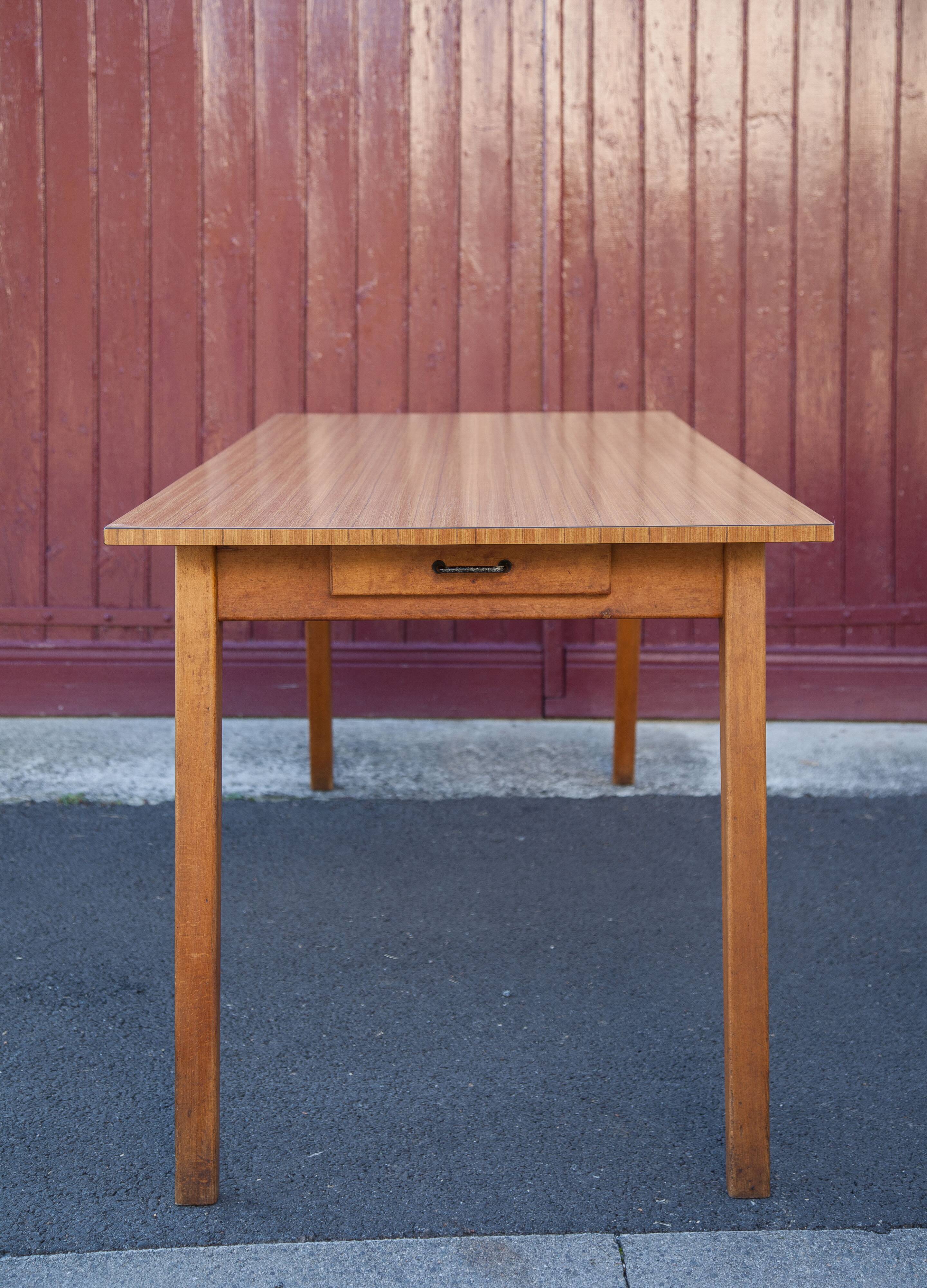 Antique dining table, wooden table and formica tray
