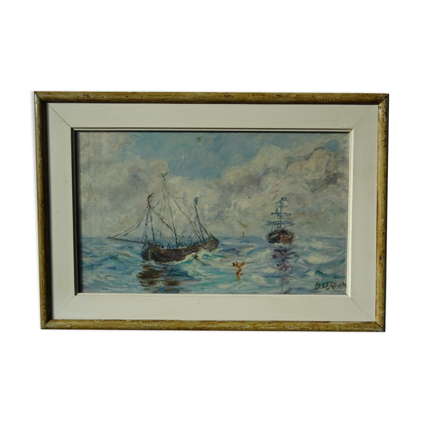 Old painting boat at sea signed