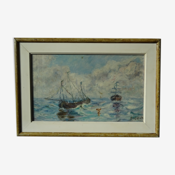 Ancien tableau bateau en mer signé