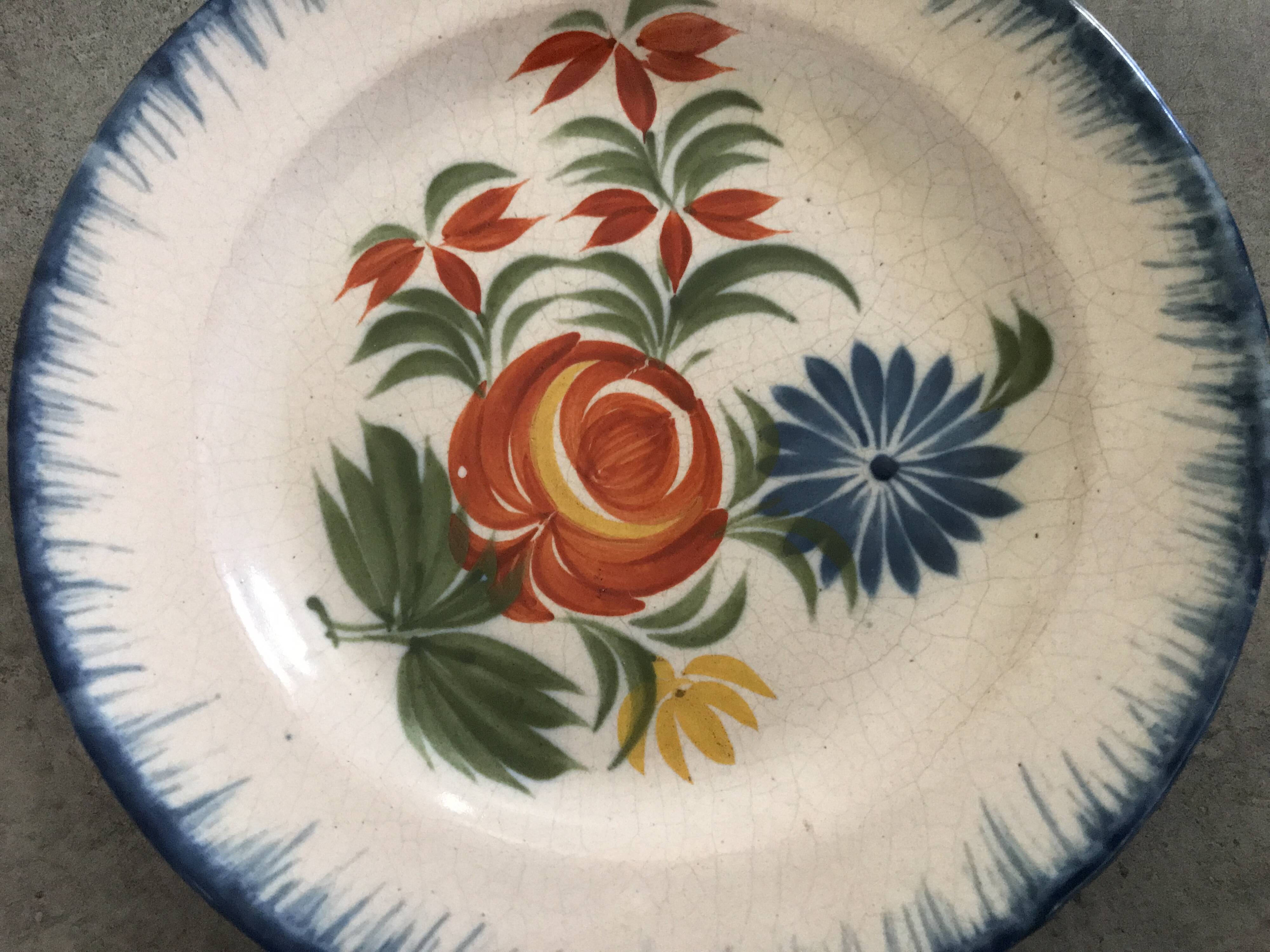 Old plate in auvillar earthenware, floral painting decoration, 19th century