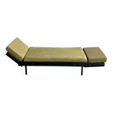 Day Bed sofa in skai, mottled green fabric and black metal 1950