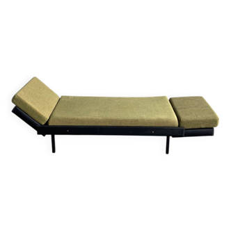 Day Bed sofa in skai, mottled green fabric and black metal 1950