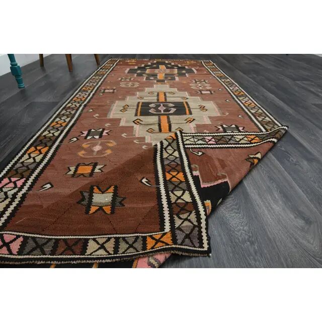 Vintage Turkish Oushak handmade wool cotton brown runner rug 137X338