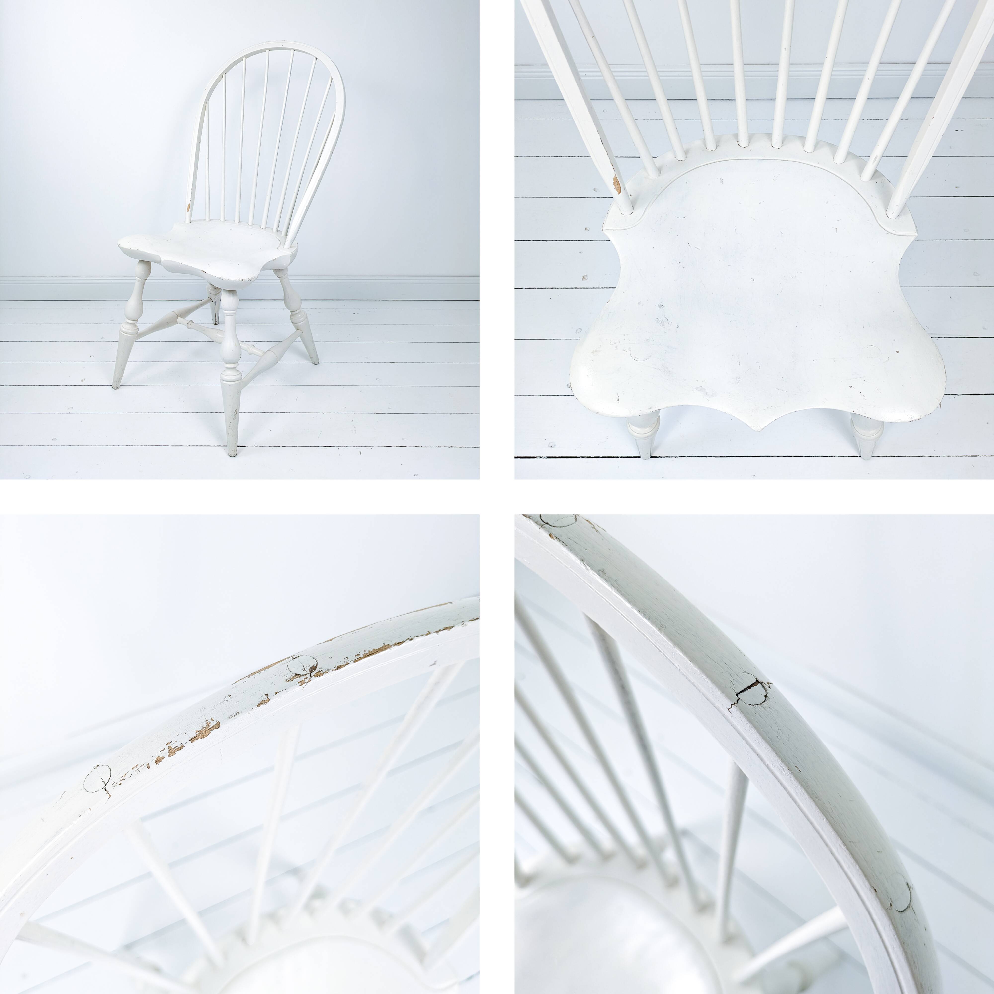 Chaise vintage en bois blanc avec dossier à barreaux, style maison de campagne