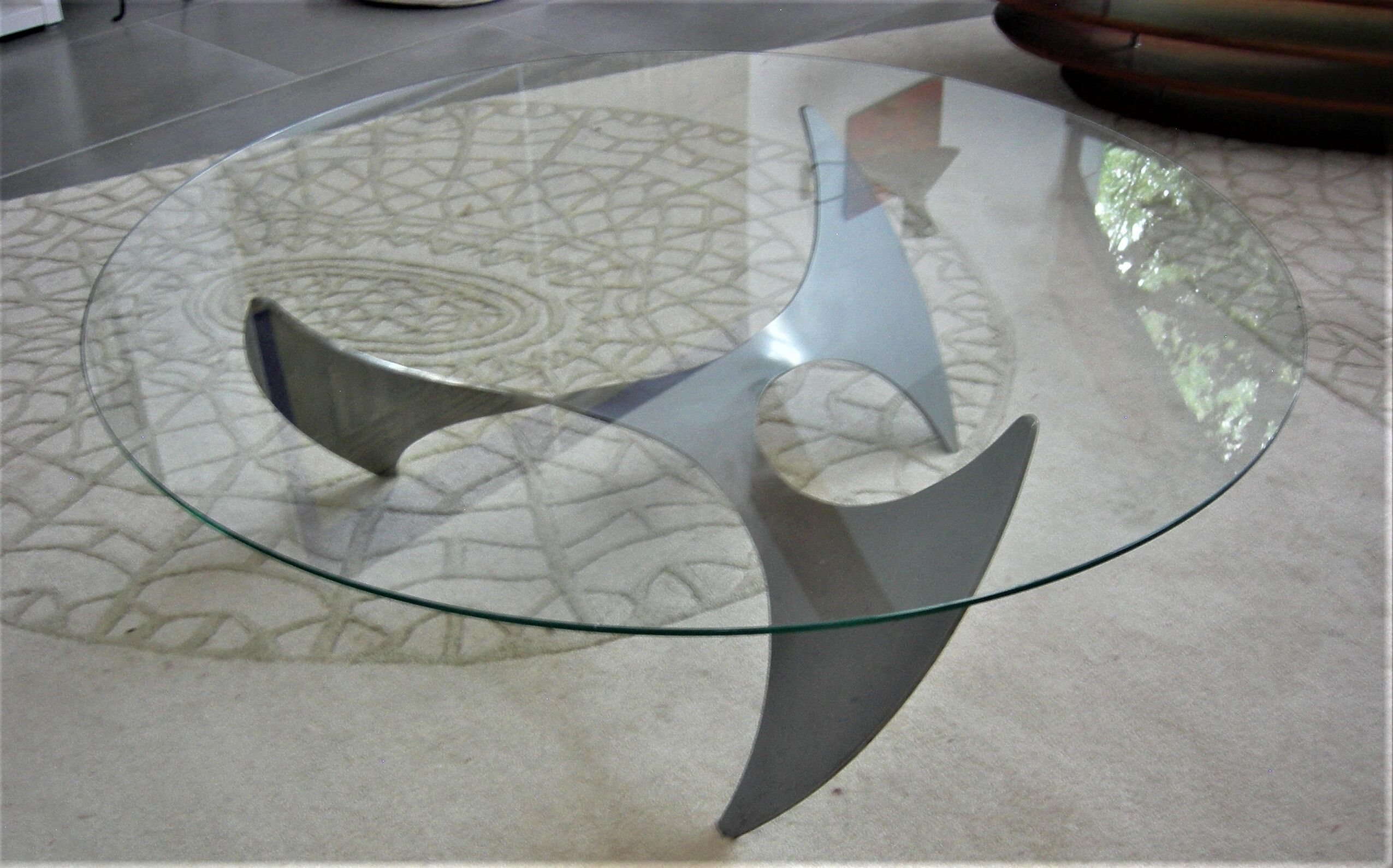 Propeller Round Coffee Table (Helix) by Knut Hesterberg Glass Plate and Metal Base