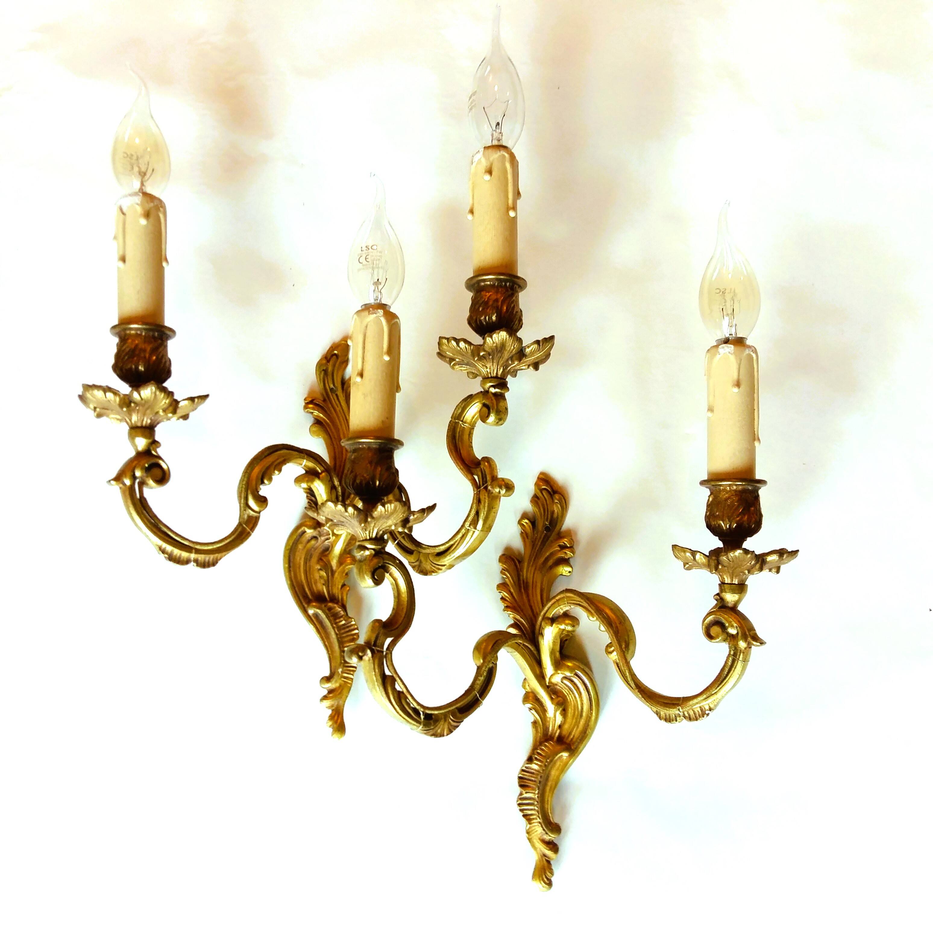 Pair of Heavy, French, Gold Bronze 2 Arm Wall Lights. Ornate Rococo/ Baroque/ Louis XV Style Sconces