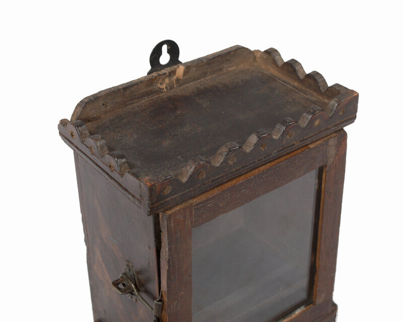 Little old wall showcase box has clock patina of origin india