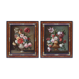 Pair of oils on canvas "Flower Bouquets", 19th century