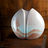 Pink lens vase, poetic landscape tree & flight of birds - Yves Mohy, porcelain of Virebent - ann