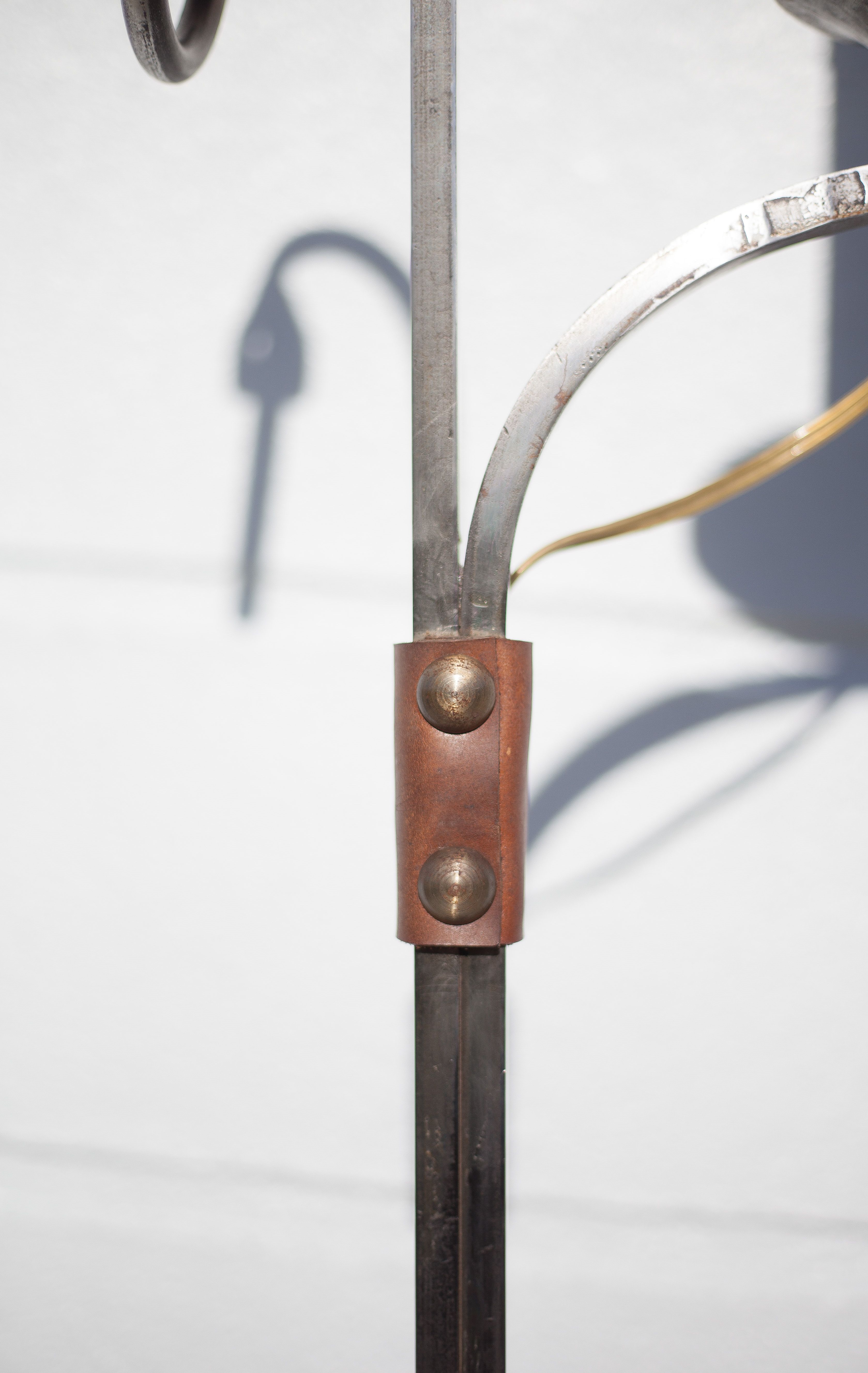 Wrought iron floor lamp Ryckaert JP, Wrought iron and leather floor lamp, living room lamp, 60's