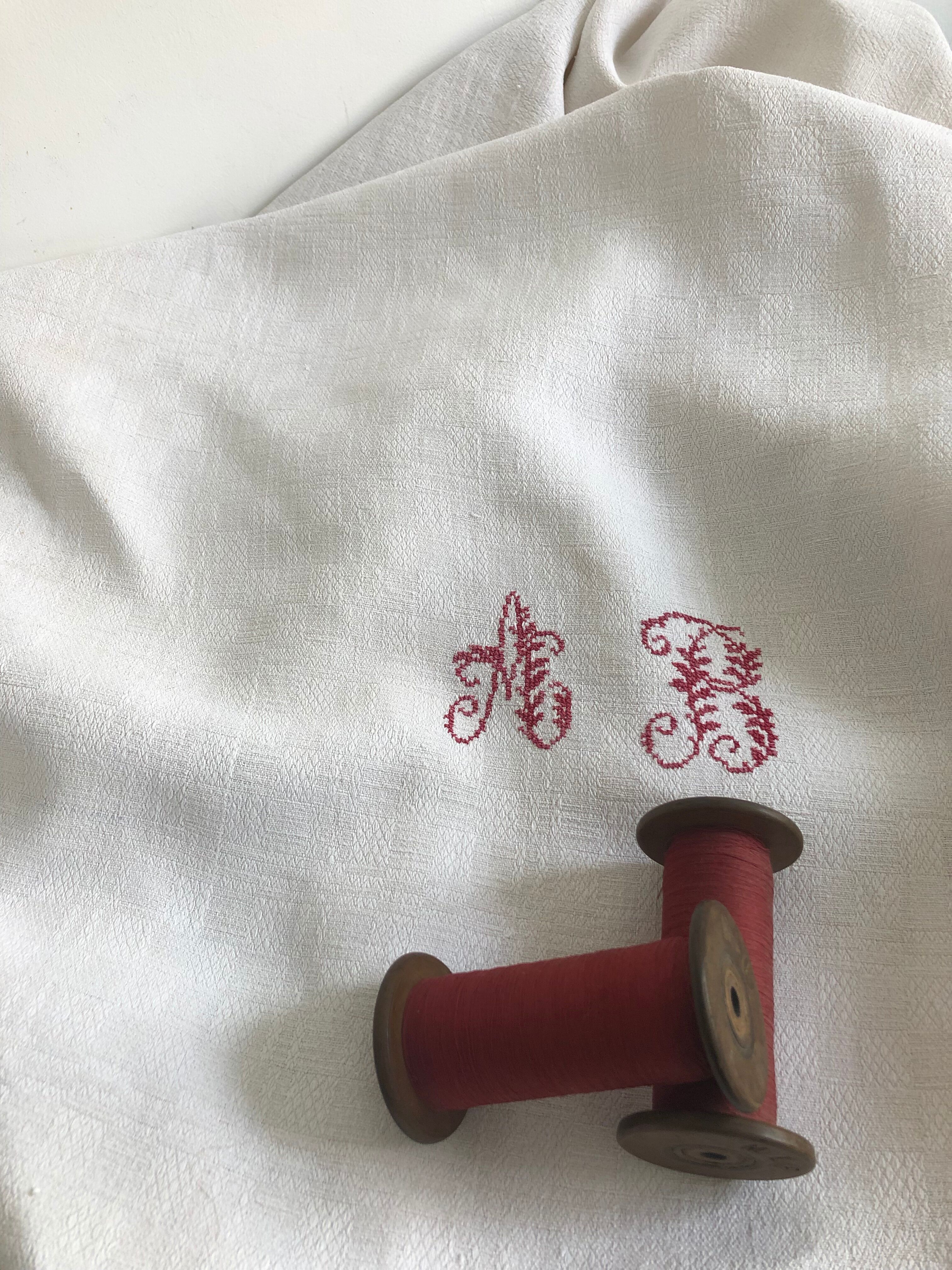 Tablecloth with AB monogram, antique linen