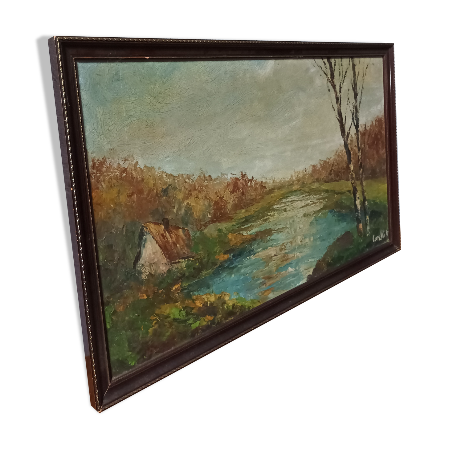 Autumn landscape house on the edge of a pond Oil on panel signed Corelli