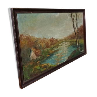 Autumn landscape house on the edge of a pond Oil on panel signed Corelli