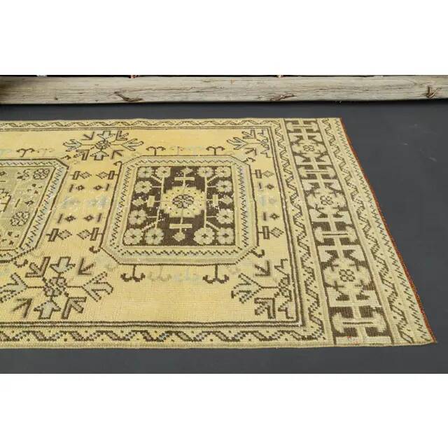 1970s Turkish Oushak Handmade Wool Cotton Yellow Runner 86x335