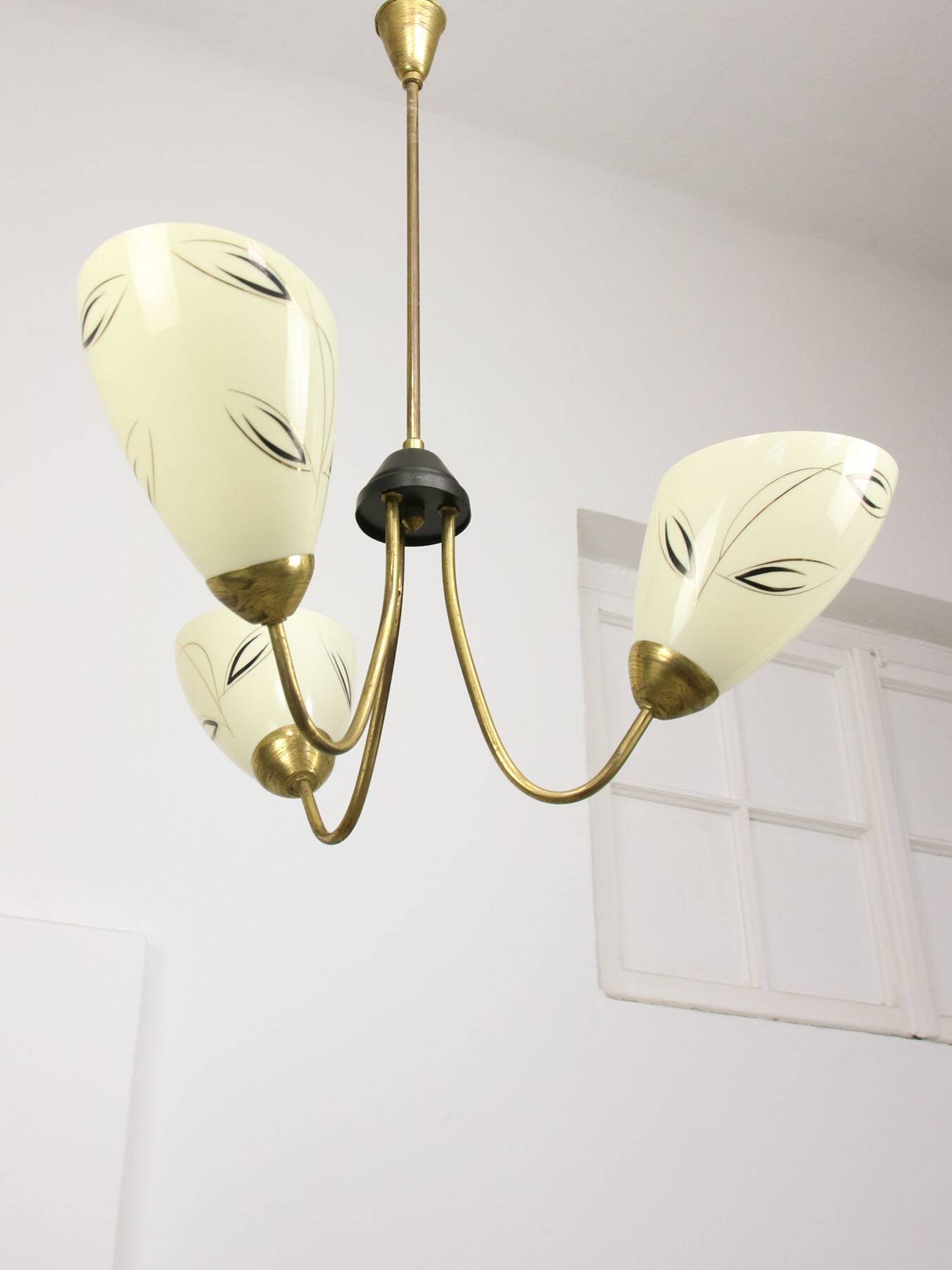 Italian Art Deco Chandelier in Brass and Yellow Glass, 1940s