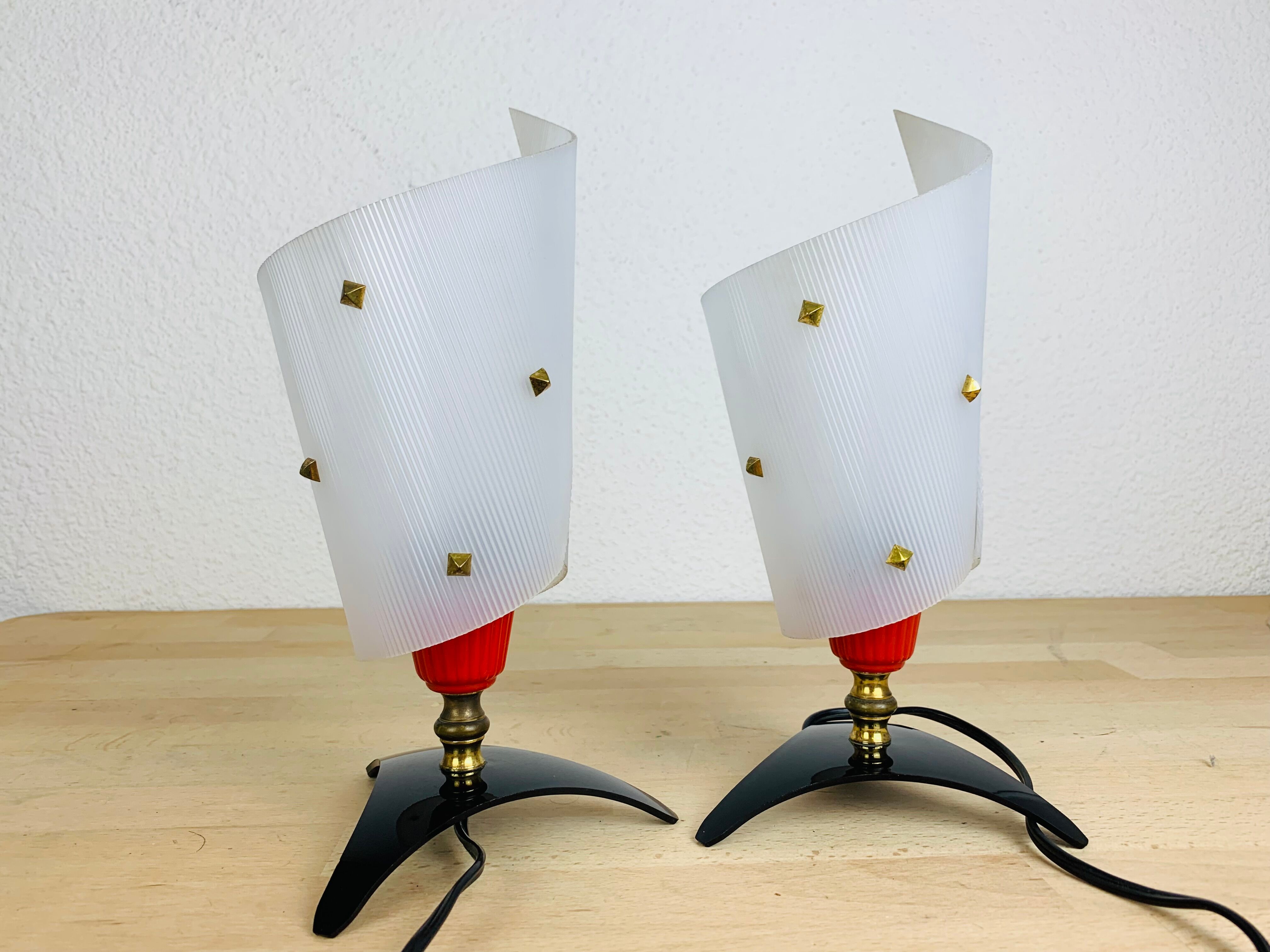 Pair of 50s plastic brass bedside lamps