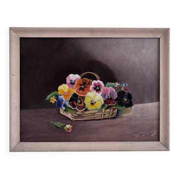 Peinture à l'huile florale encadrée vintage, nature morte