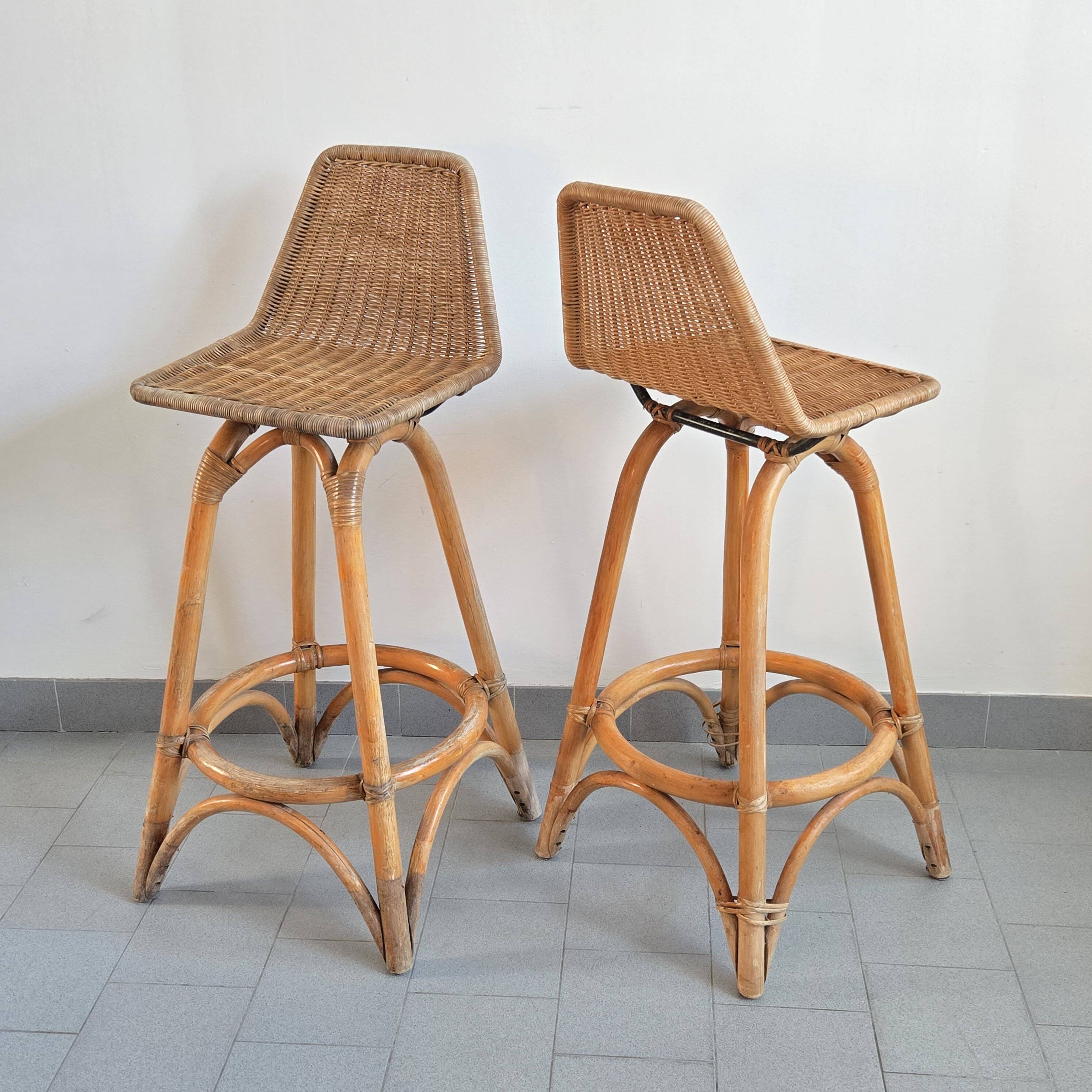Pair of vintage rattan & bamboo stools 1950