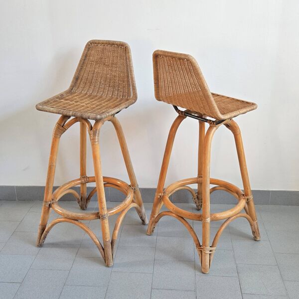 Paire de tabourets vintage en rotin & bambou 1950