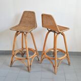 Pair of vintage rattan & bamboo stools 1950