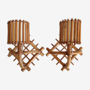 Duo of vintage rattan wall lamps