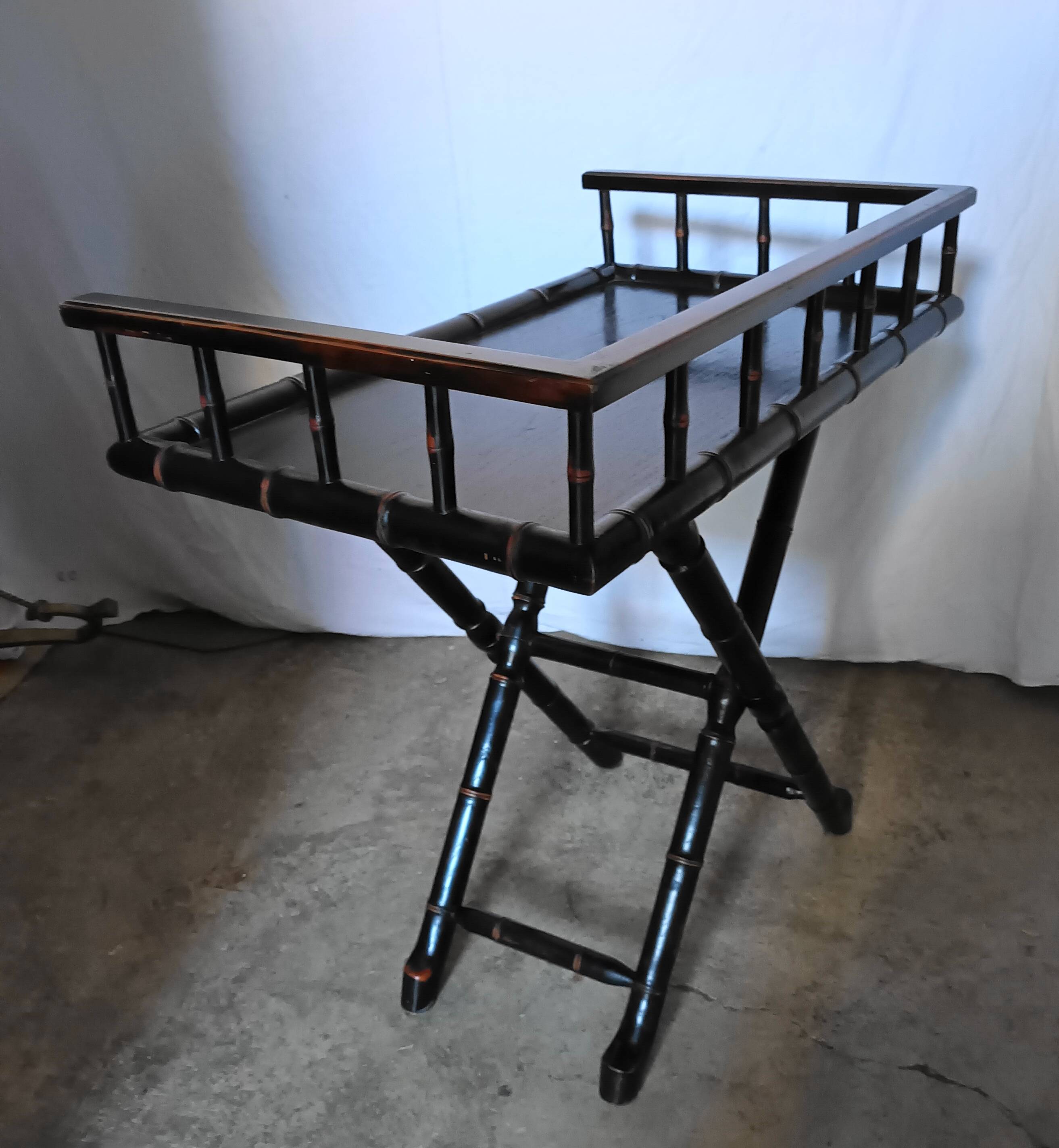 Foldable desk table in blackened wood and carved bamboo style, 1950s