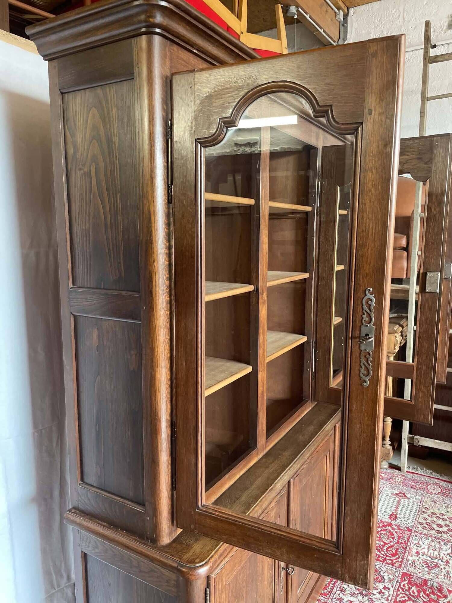 Large antique two-body library in solid oak – 3 glass doors