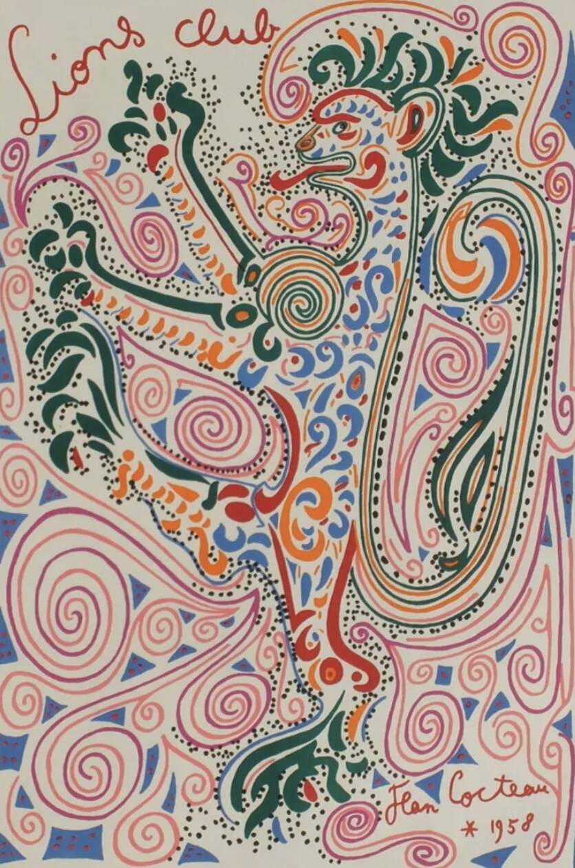 Jean cocteau - original vintage lithograph from 1958 - lions club