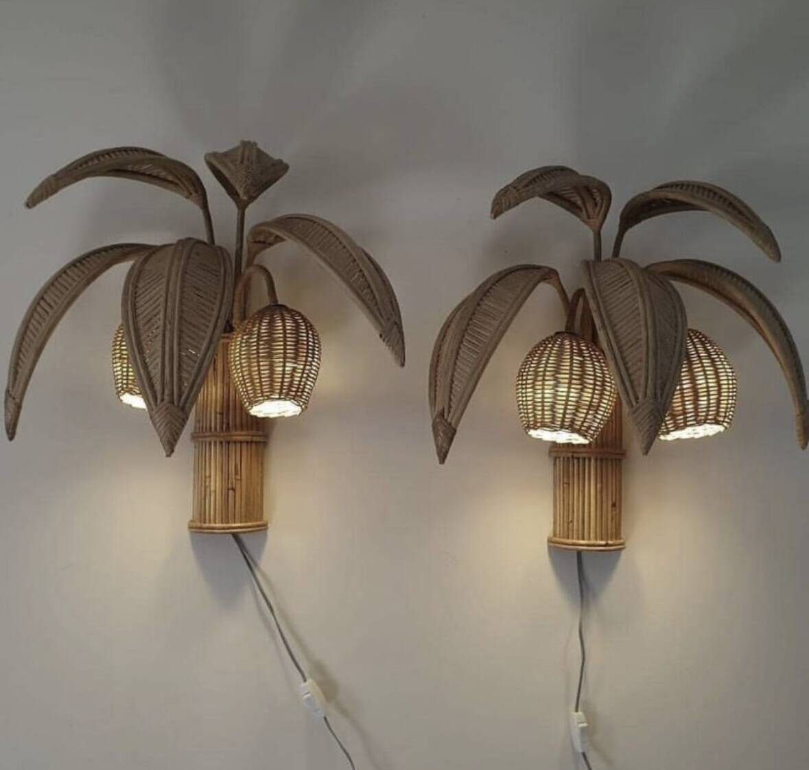Paire d’appliques « cocotier/palmier » en rotin