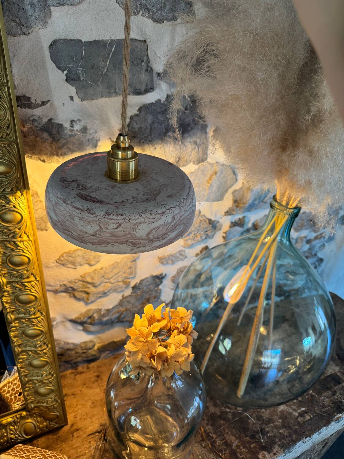 Pair of handcrafted portable lamps with a marbled stone effect