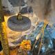 Pair of handcrafted portable lamps with a marbled stone effect