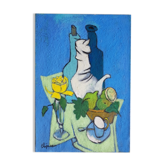 Still life with blue coffee maker