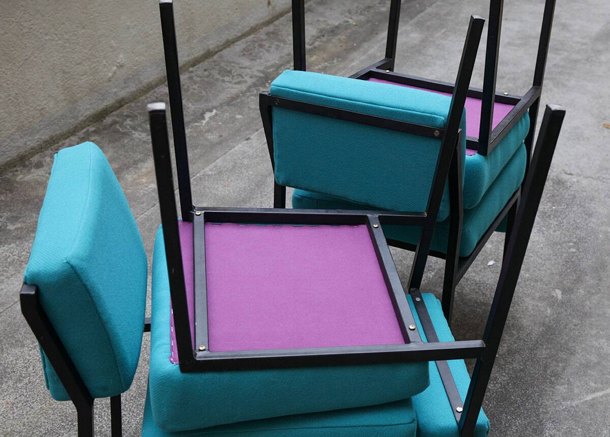 4 designer chairs, vintage 1962 (reupholstered) in the style of Pierre Guariche.