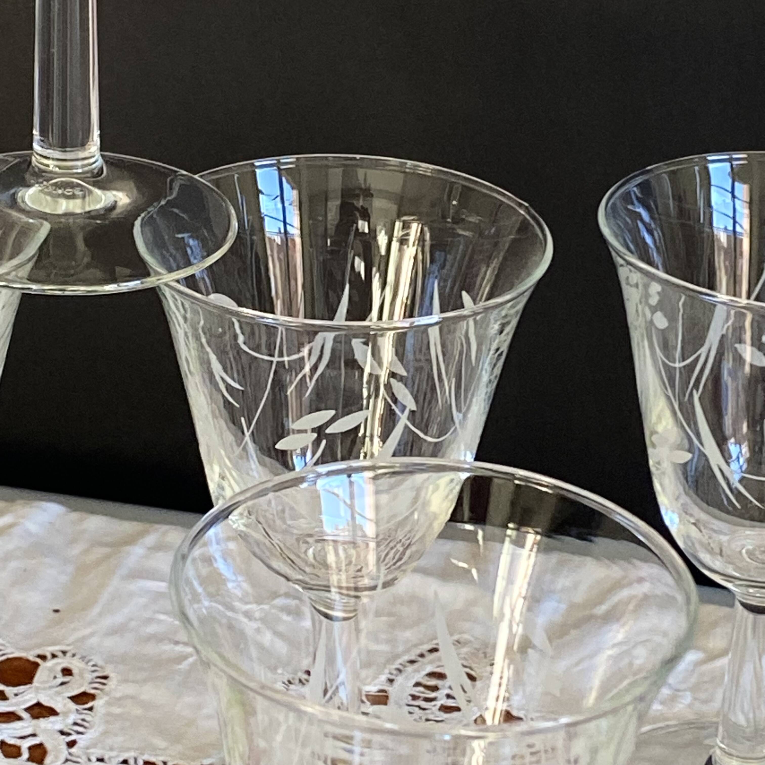 6 antique wine or water glasses engraved with vintage stylized flowers