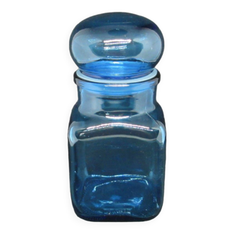 Bocal carré en verre bleu vintage