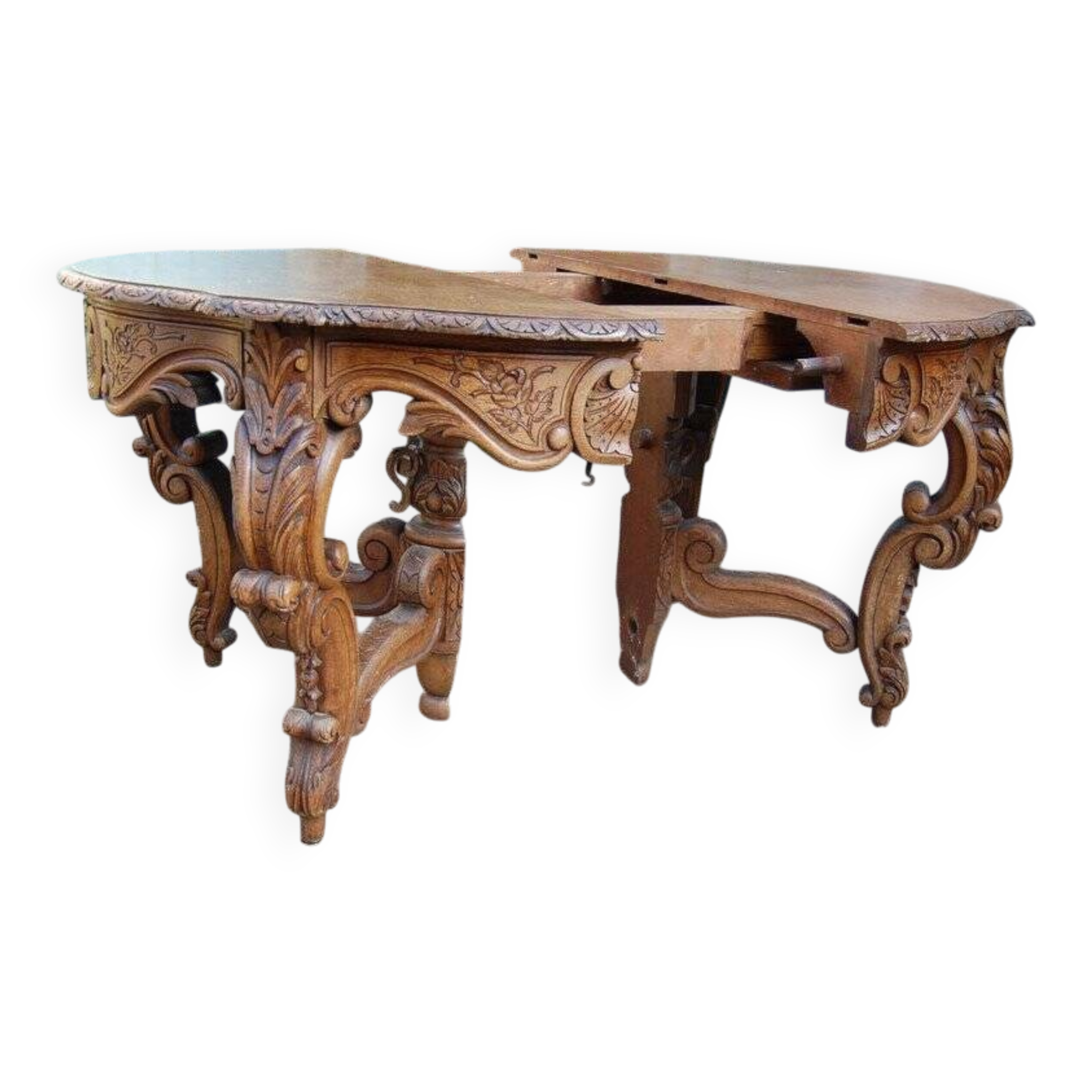 Napoleon III Louis XV style oak table with two extensions, 10 place settings, late 19th century
