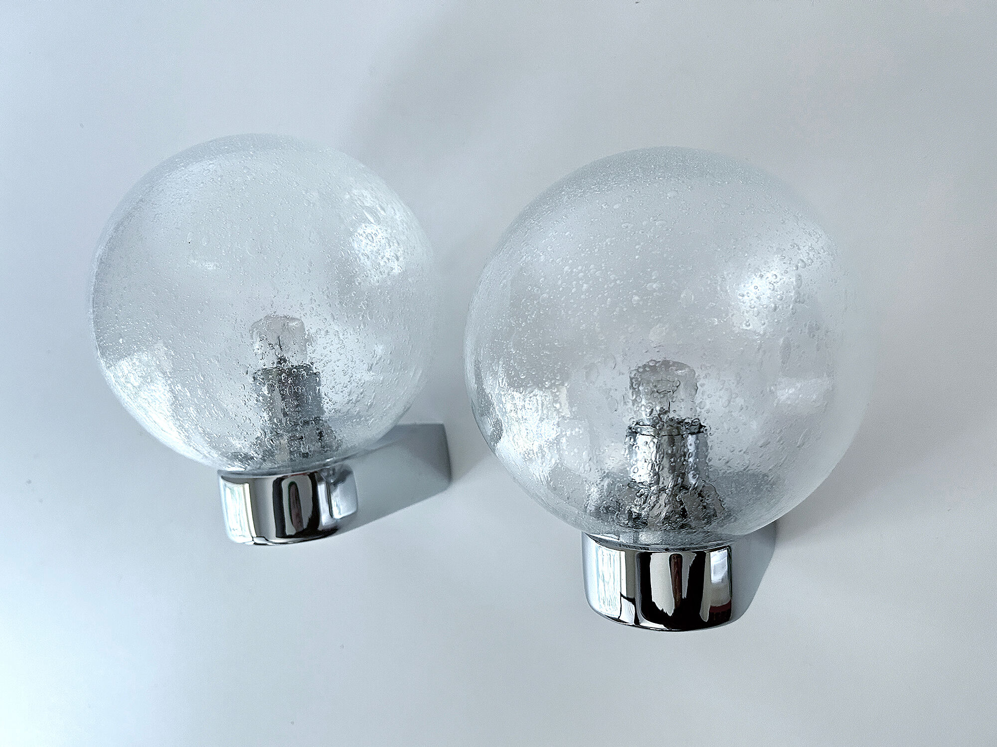 Vintage 70s wall lamps, chrome and bubble glass
