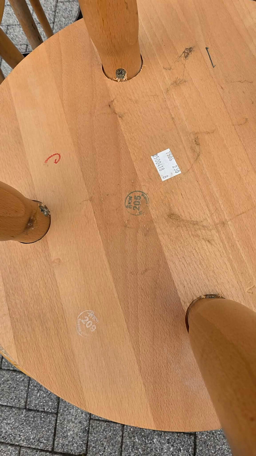 8 mid-century modern bar stools in beech and hammered iron