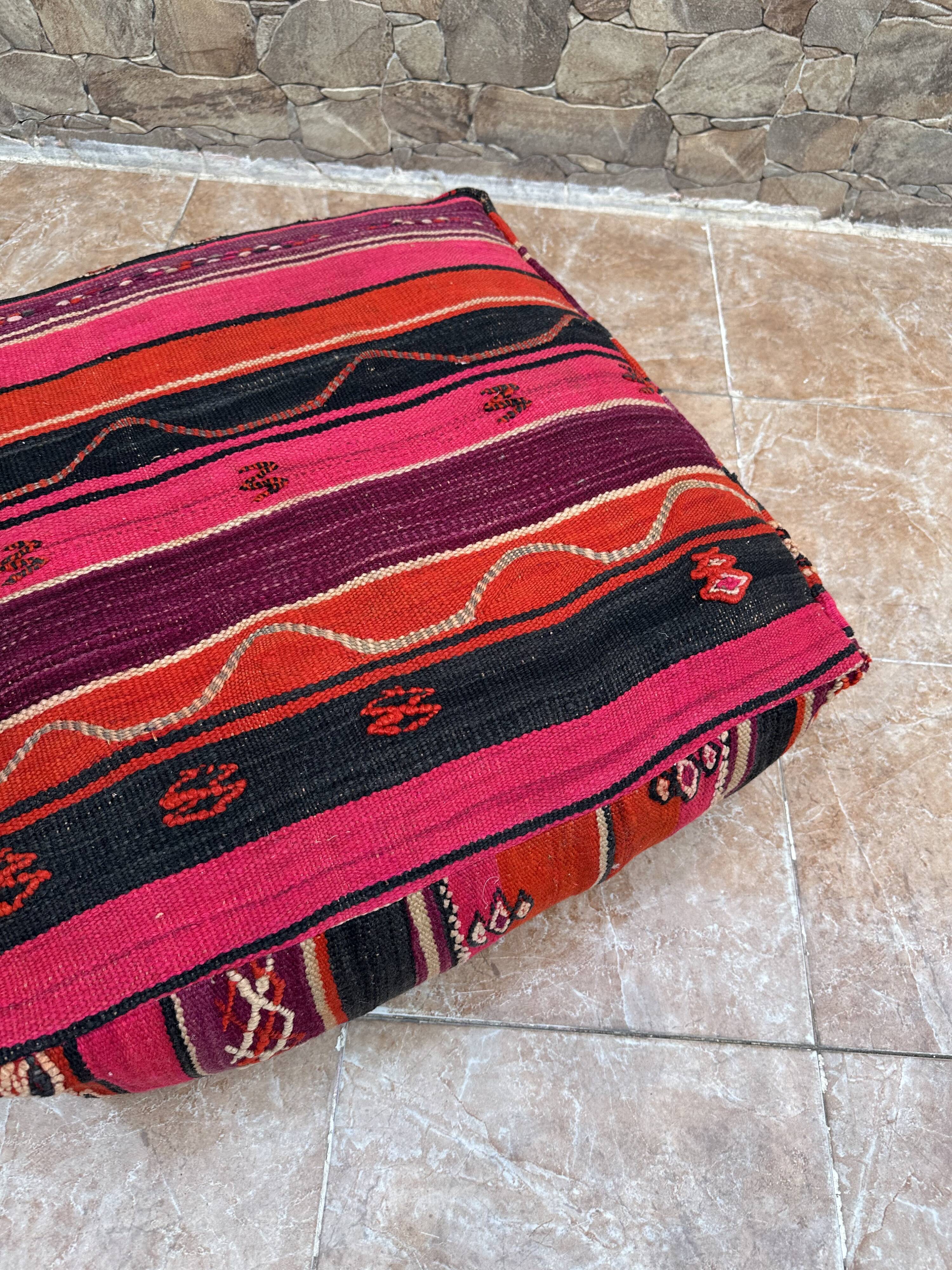 Vintage handmade Berber Kilim pouf, Moroccan floor cushion.