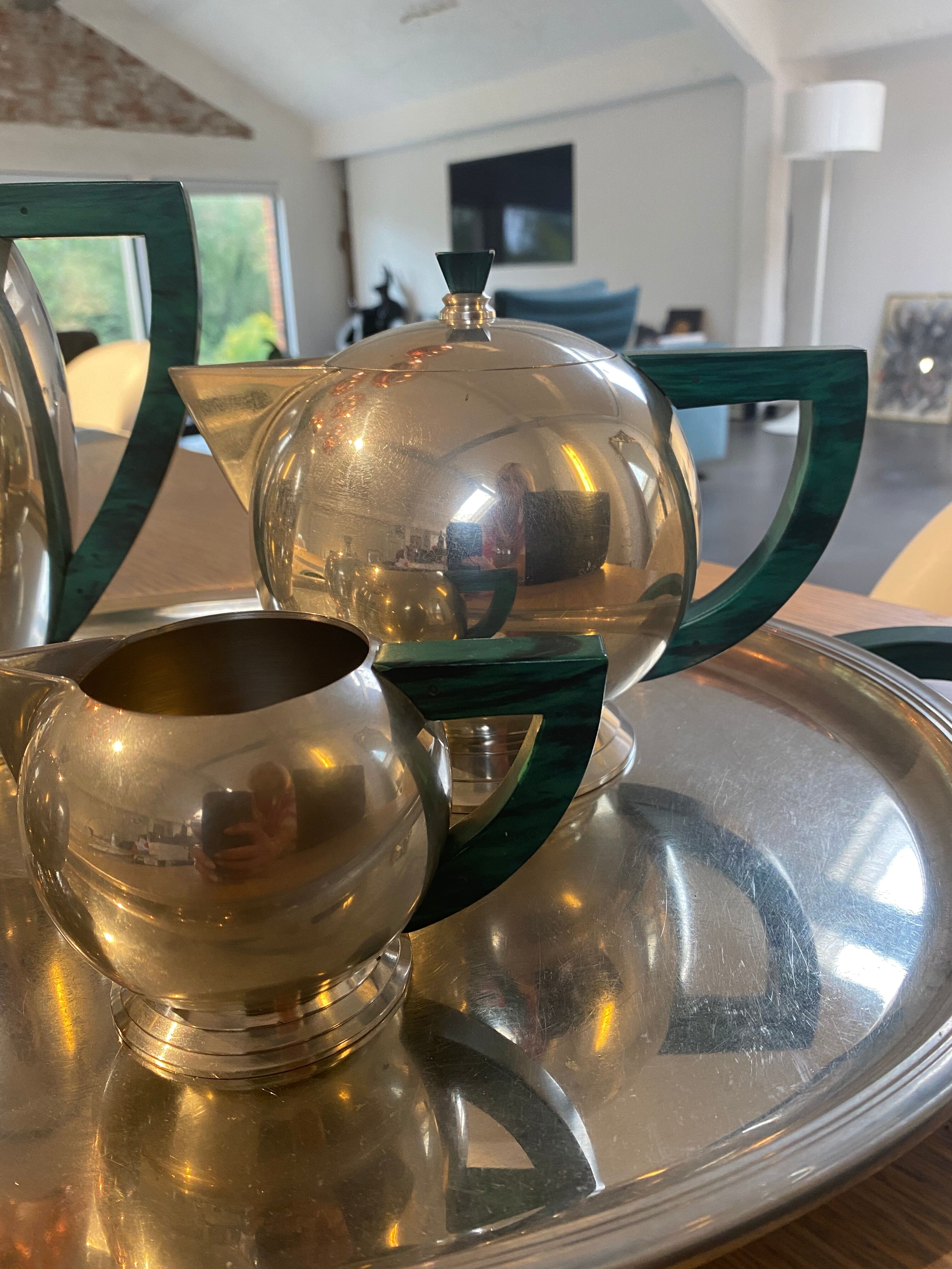 Tea service and coffee art deco handmade, solid tin and malachite