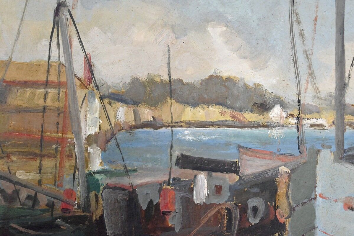 Painting "Thoniers at Dock", oil on panel, signed G. Boulard – Mid 20th century