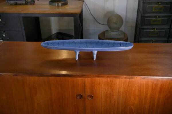 Long blue ceramic signed Atelier Mornac 1950s