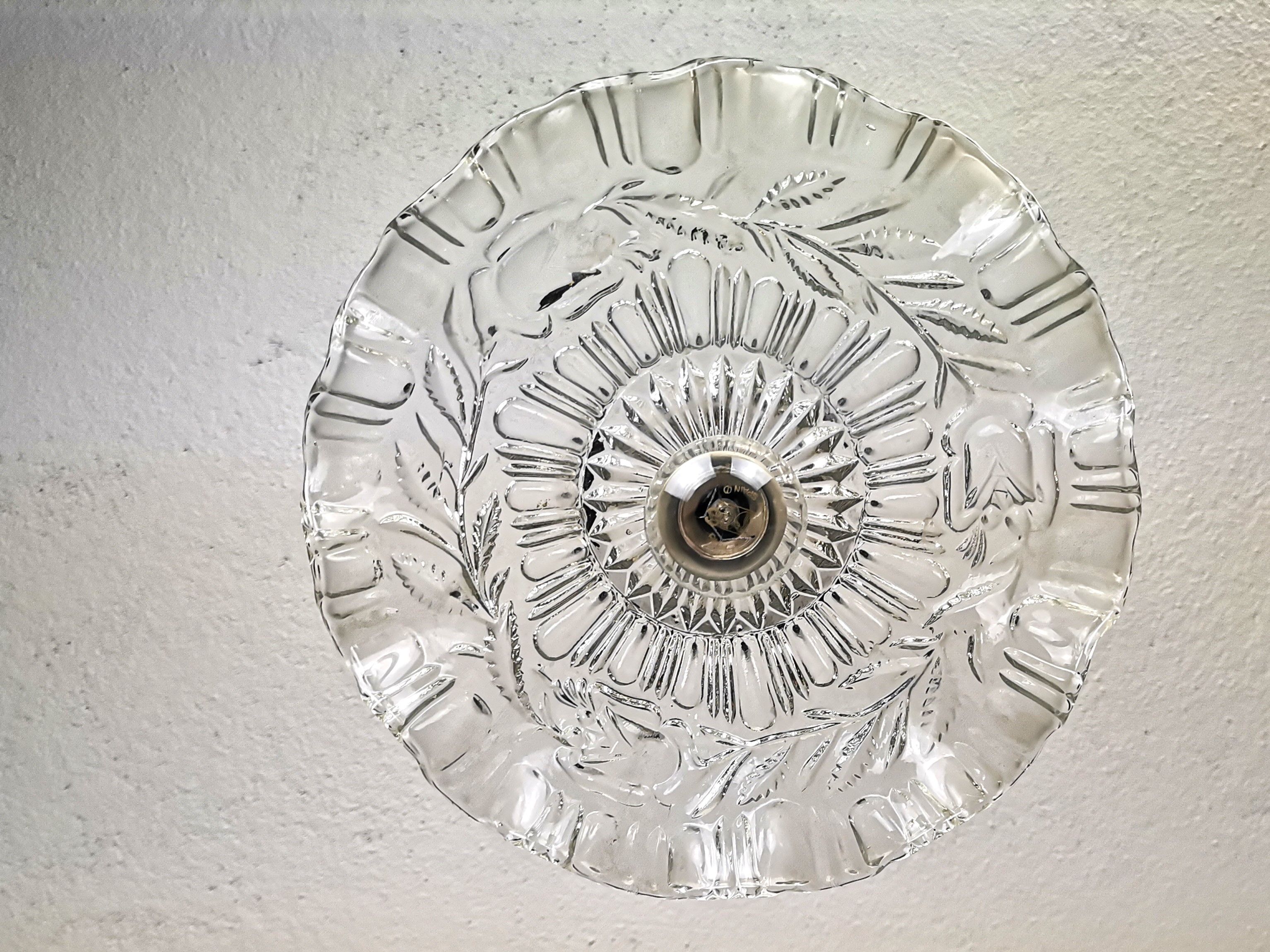 Portuguese farmhouse mid century clear floral glass dish pendant lamp 1960s