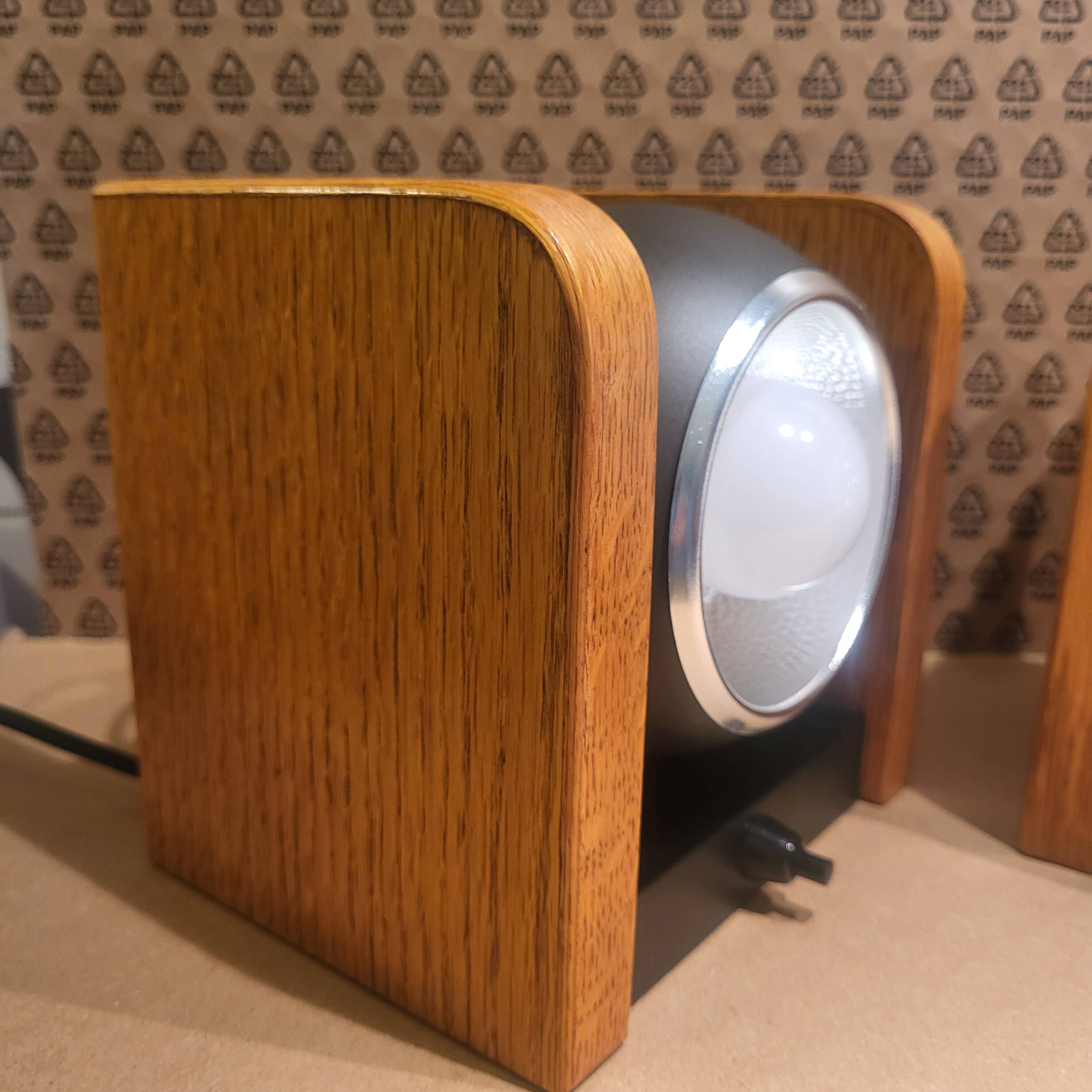 2 white eye lamps, wood, metal, vintage, Germany