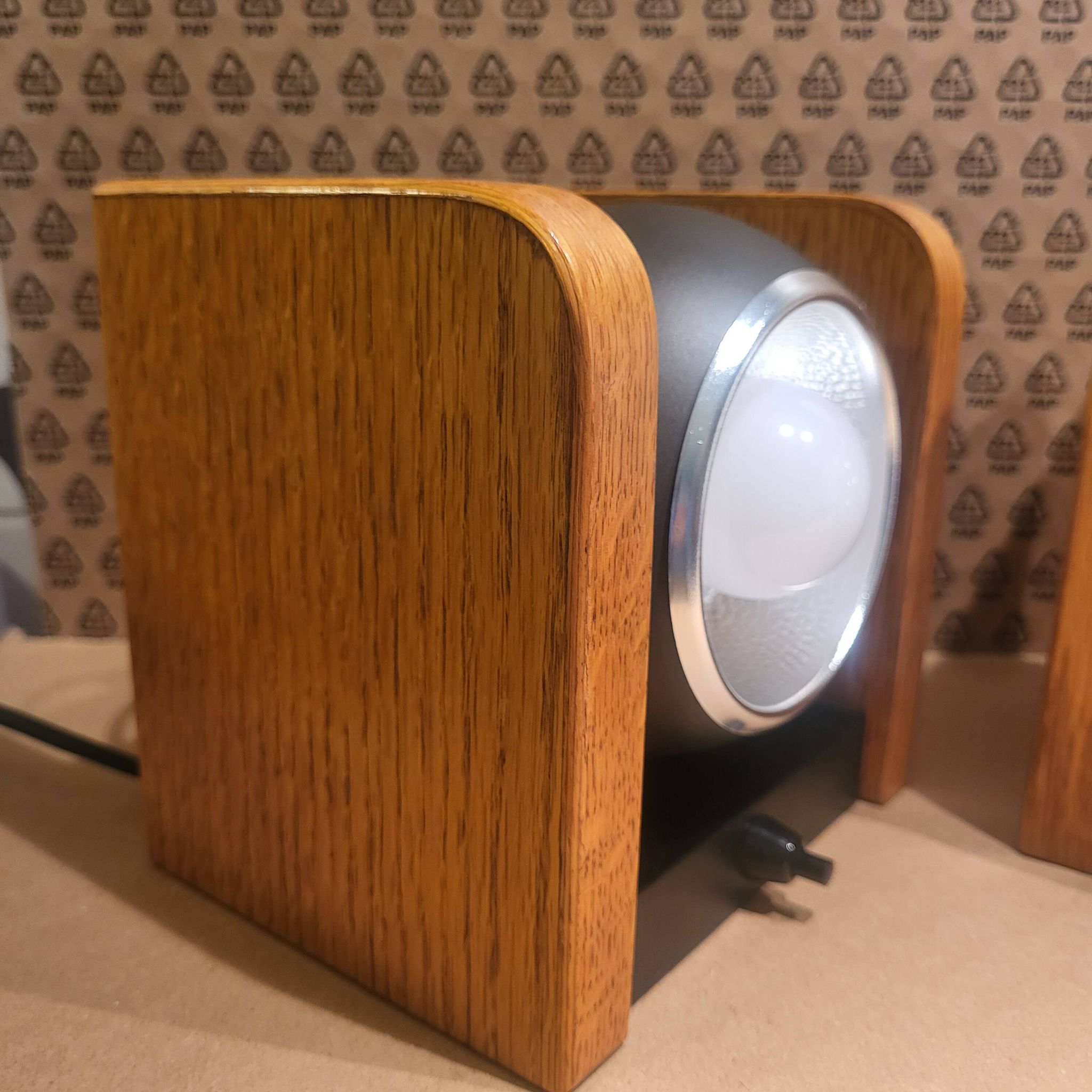 2 white eye lamps, wood, metal, vintage, Germany