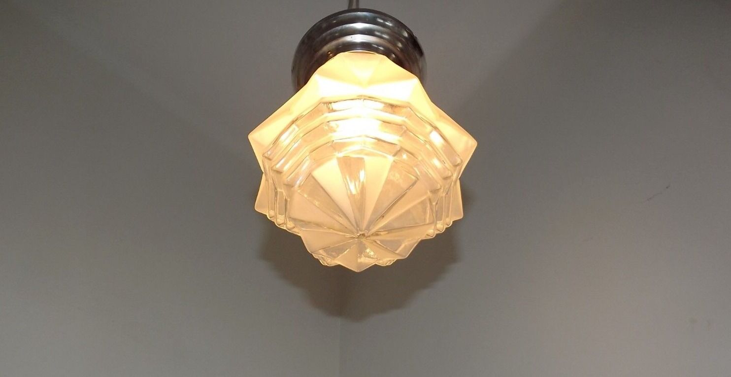 French 1920's-1940's art deco milk glass skyscraper tiered light fixture 3995