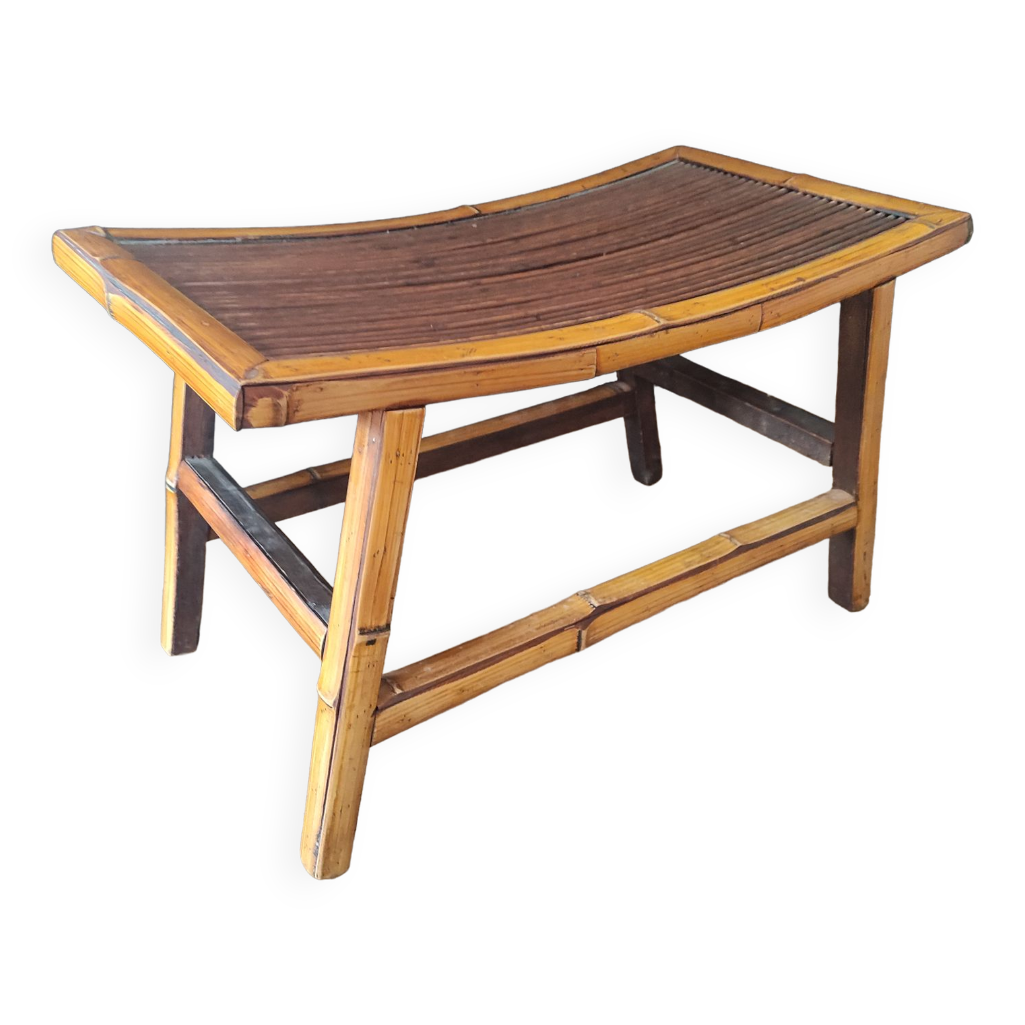 Vintage Asian stool or footrest in honey bamboo and brown rattan