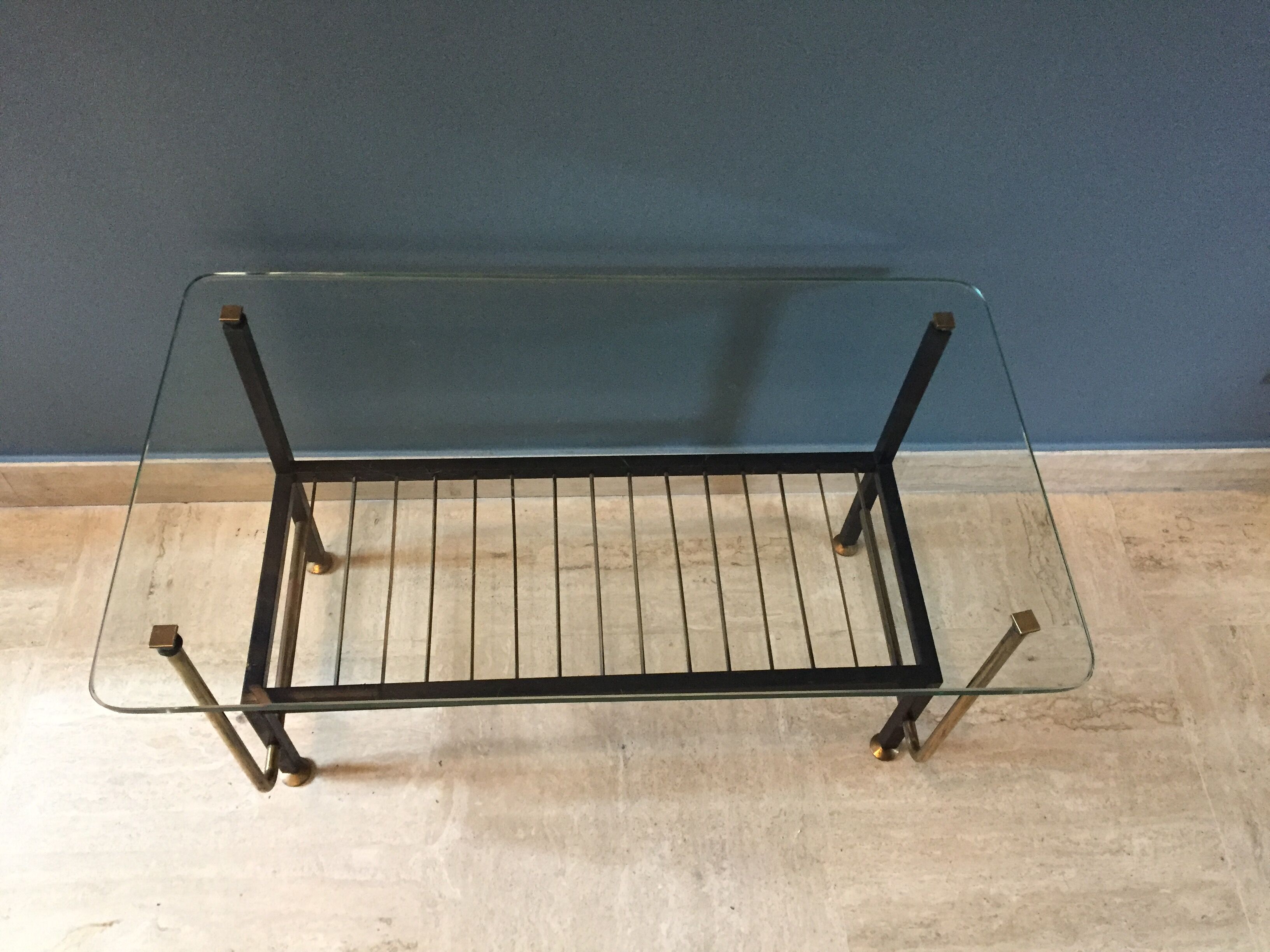 Coffee table in glass  black metal and brass vintage 1950