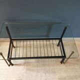 Coffee table in glass  black metal and brass vintage 1950