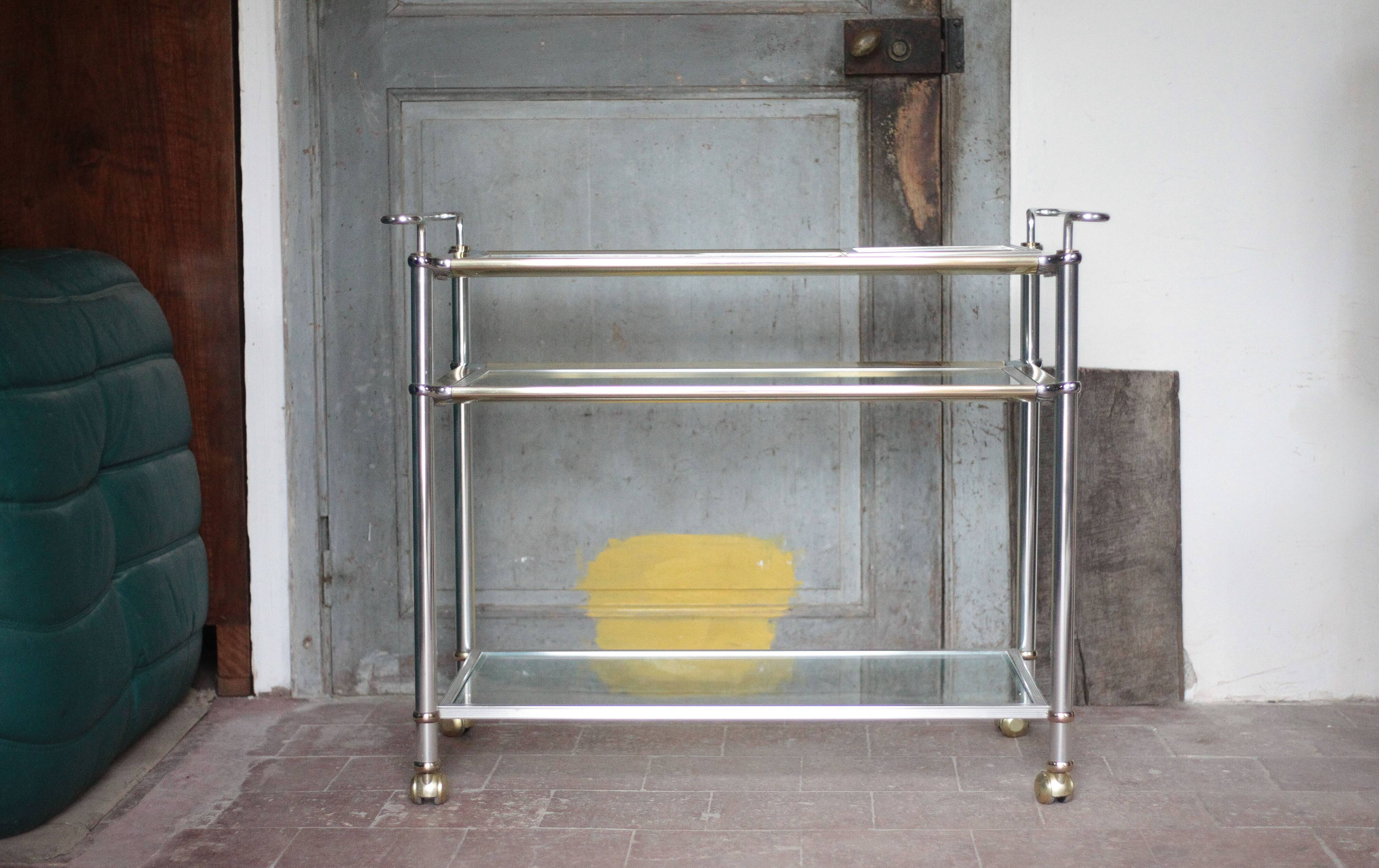 Vintage rolling dessert bar in gold metal and glass by Roche Bobois.